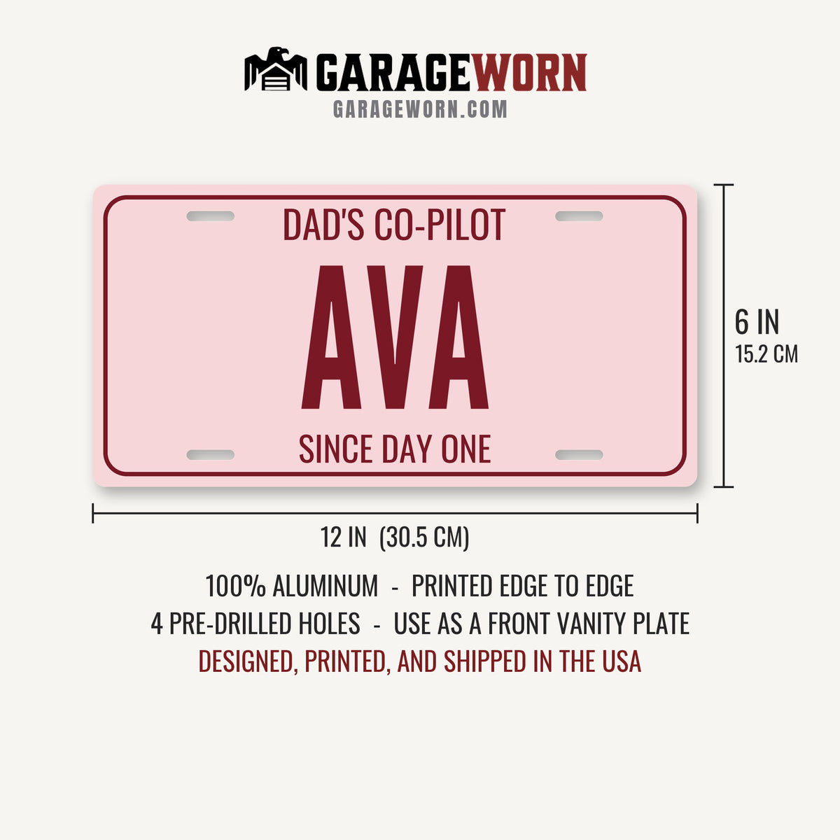Dad's Co-Pilot Ava Personalized License Plate - 12 x 6 in aluminum license plate
