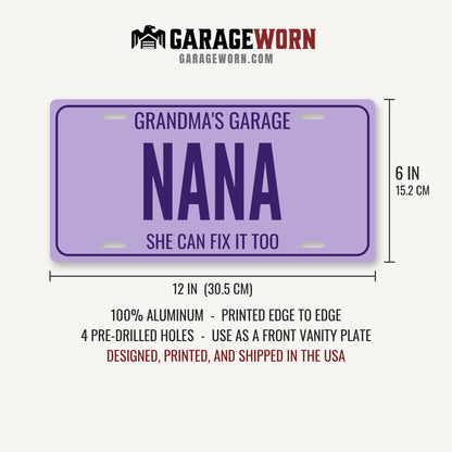 Grandma's Garage Nana Personalized License Plate - 12 x 6 in aluminum license plate