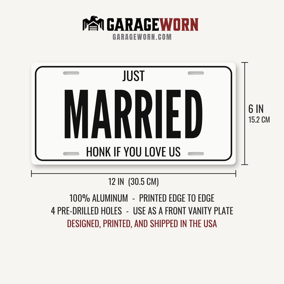 Just Married Wedding License Plate - 12 x 6 in aluminum license plate