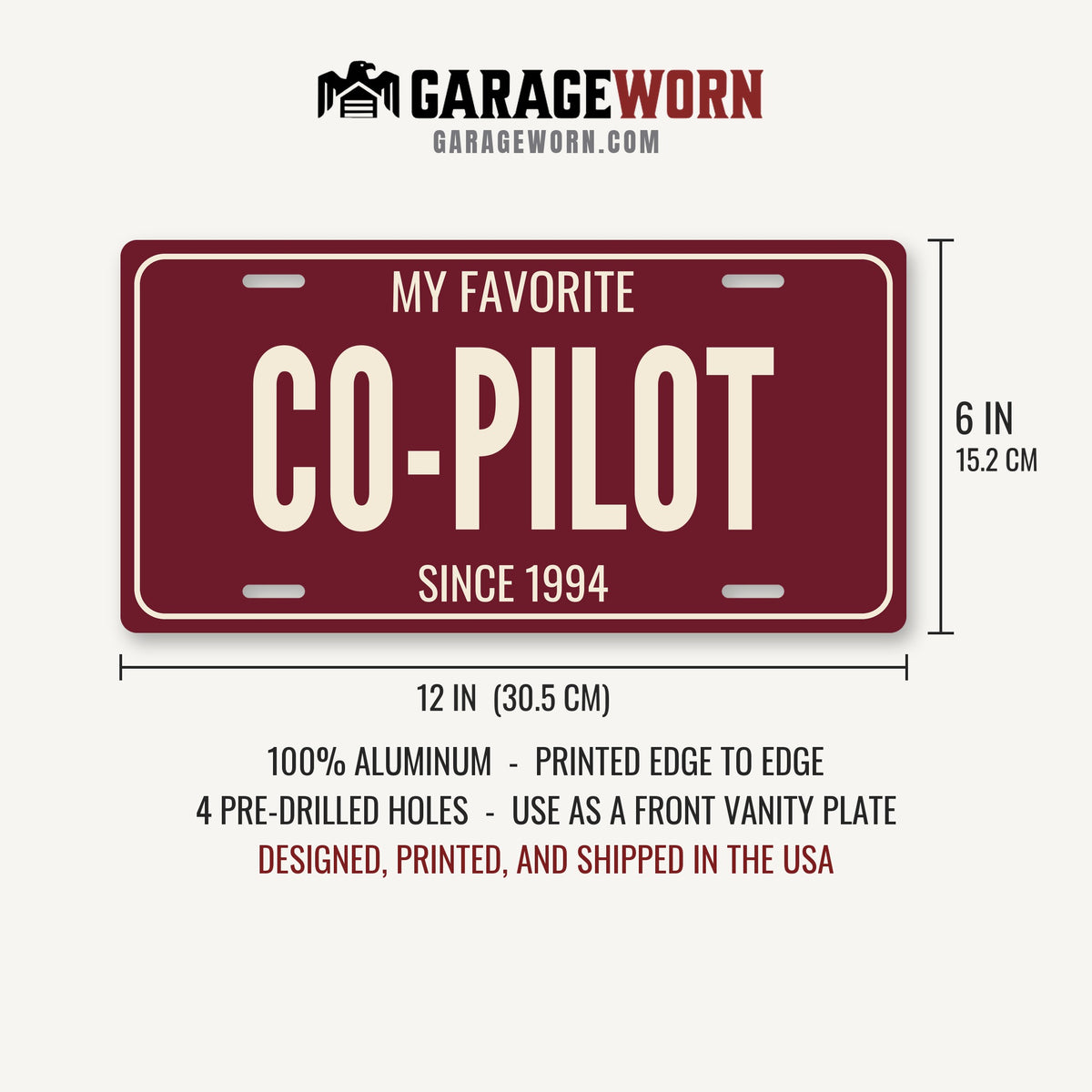 My Favorite Co-Pilot Anniversary License Plate - 12 x 6 in aluminum license plate