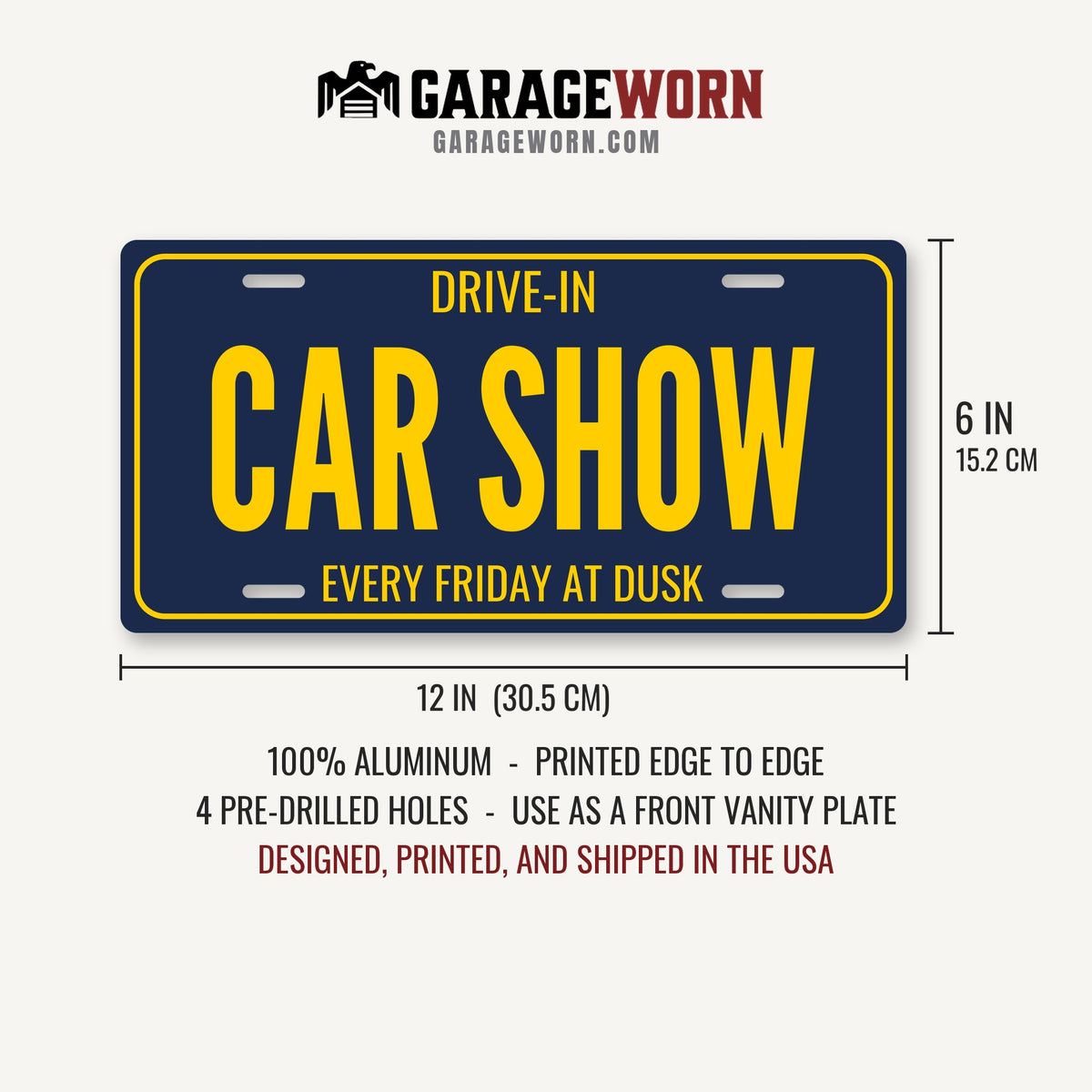 Drive-In Car Show Garage License Plate Sign - 12 x 6 in aluminum license plate