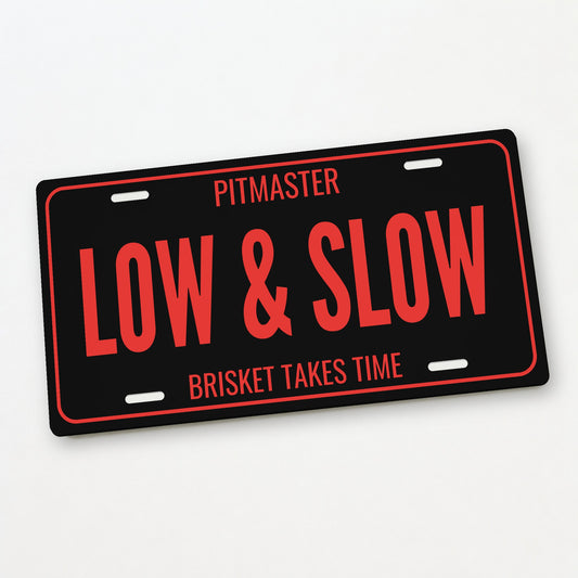 Pitmaster Low & Slow BBQ License Plate Sign - 12 x 6 in aluminum license plate