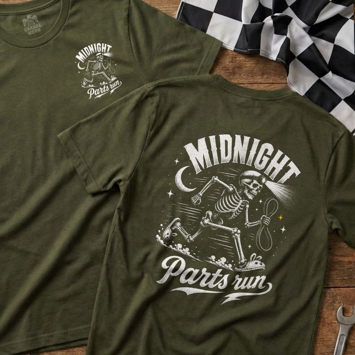 Olive green t-shirt with skeleton graphic and text "MIDNIGHT Parts run".