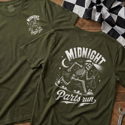 Olive green t-shirt with skeleton graphic and text "MIDNIGHT Parts run".