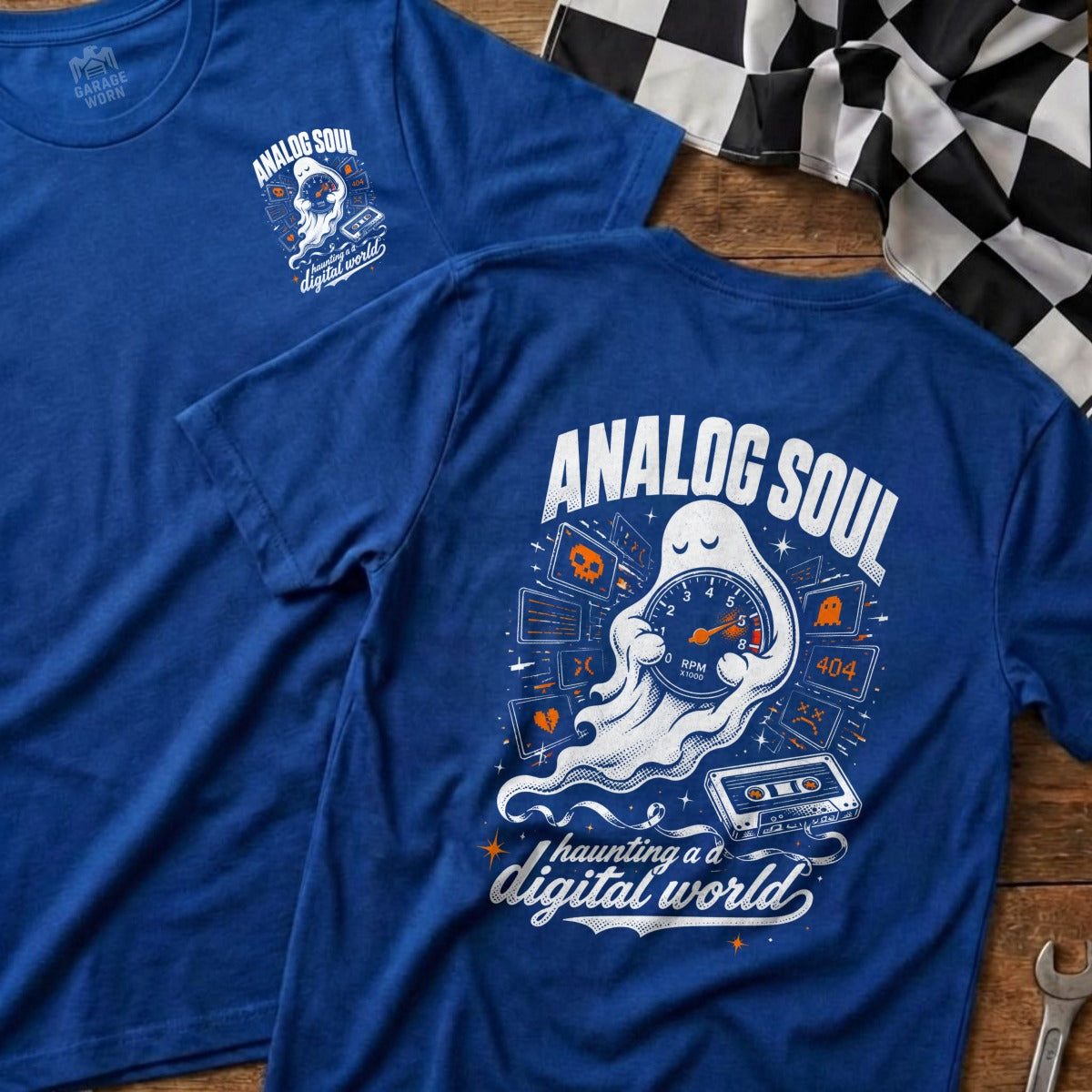 Blue t-shirt with "Analog Soul" text, ghost, RPM gauge, and cassette tape graphic.