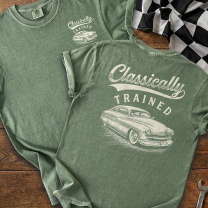 Green t-shirt with "Classically TRAINED" and classic car graphic.