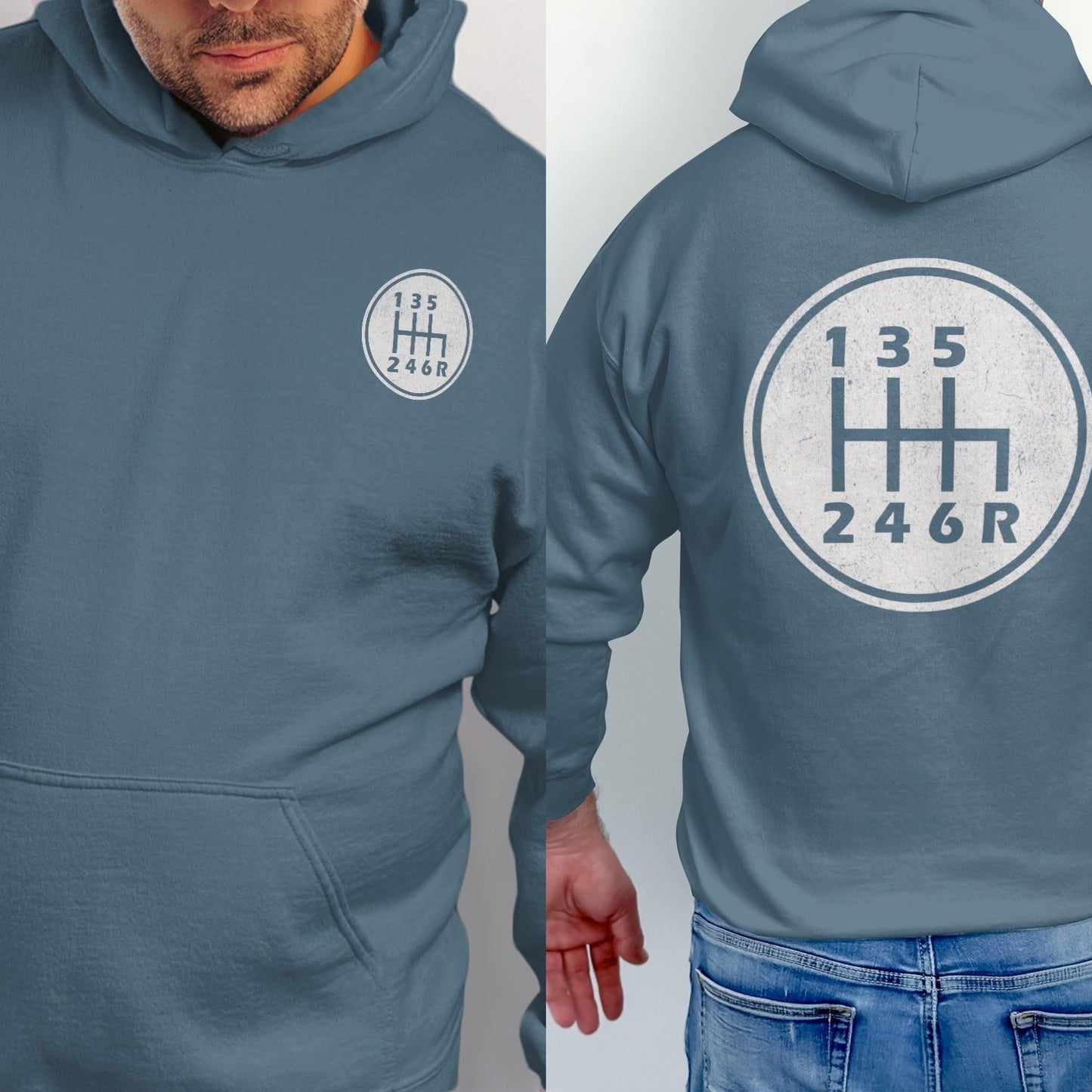 Blue hoodie with a white manual transmission shift pattern graphic on the back.