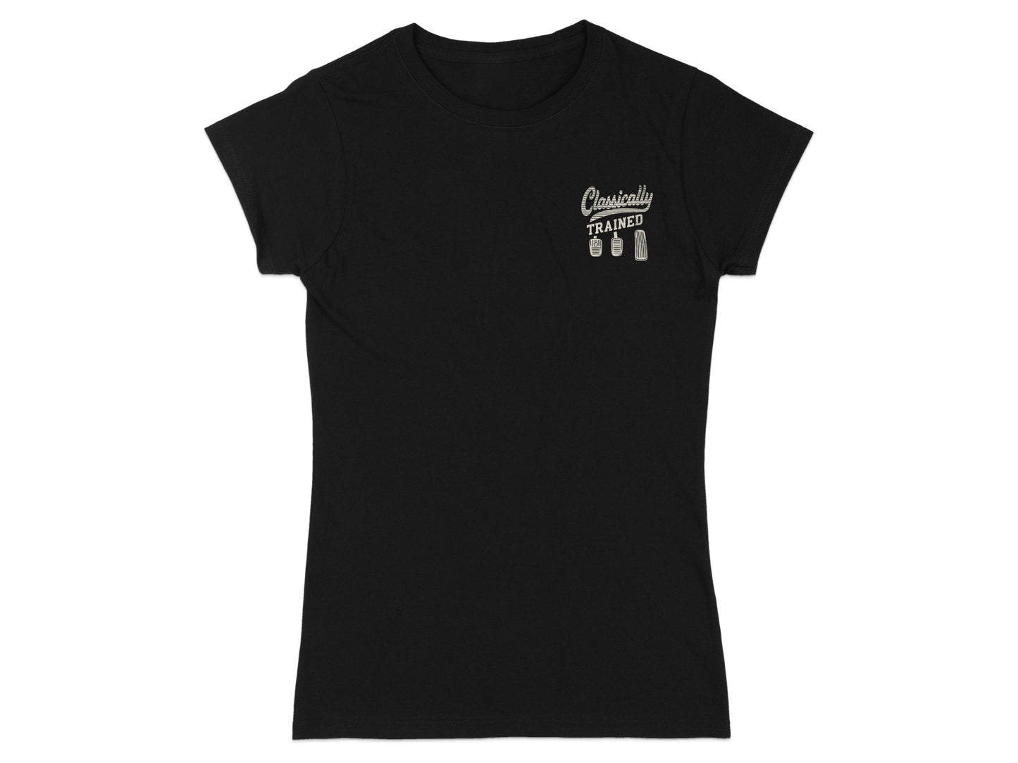 Black t-shirt with "Classically Trained" text and pedal graphic.