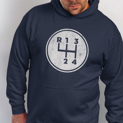 Navy hoodie with circular vintage manual transmission shift pattern graphic.