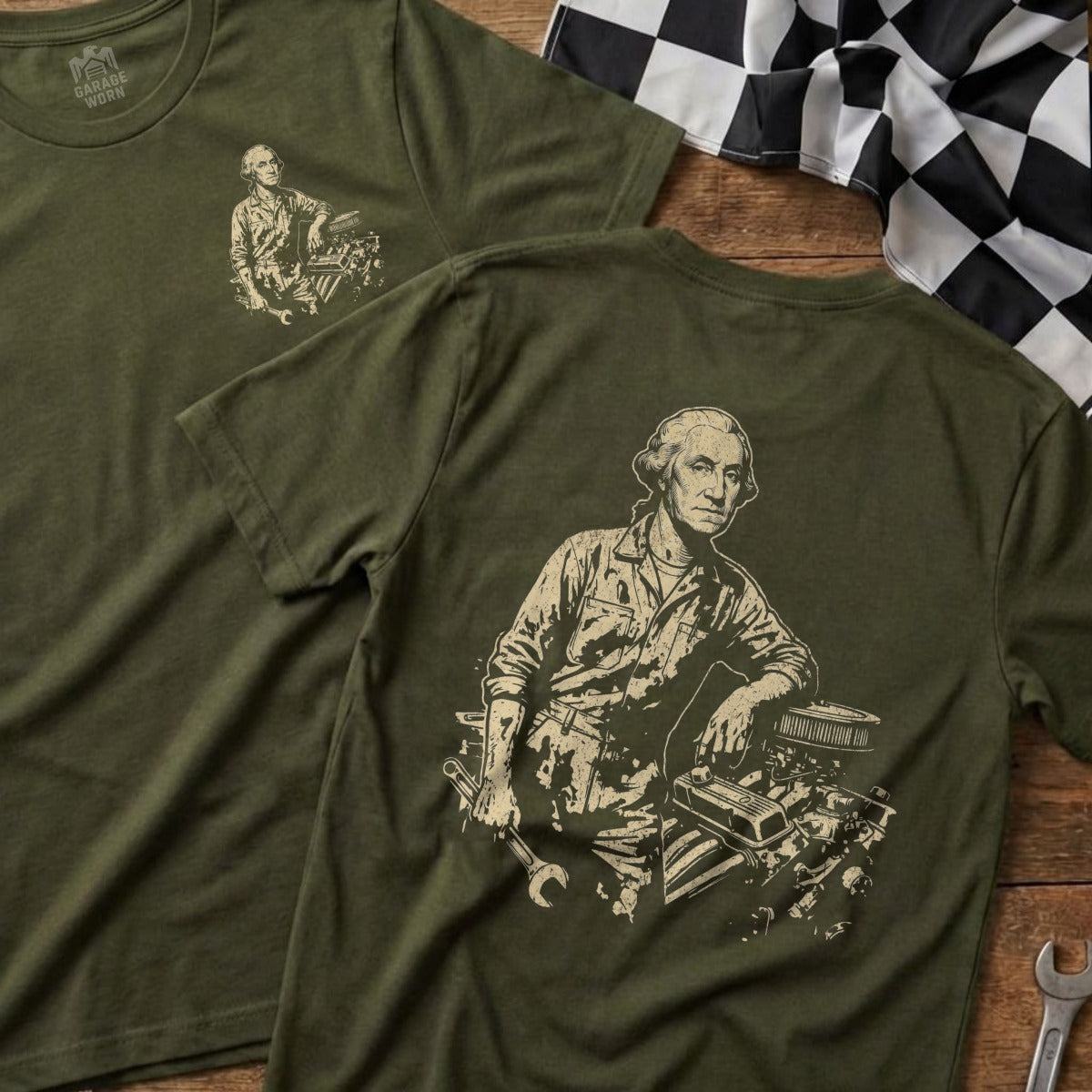 T-shirt featuring George Washington in mechanic's attire with an engine.