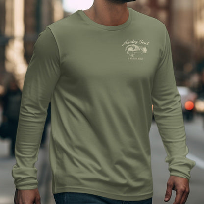 Olive long-sleeve t-shirt with "Analog Soul" graphic and "In a Digital World" text.
