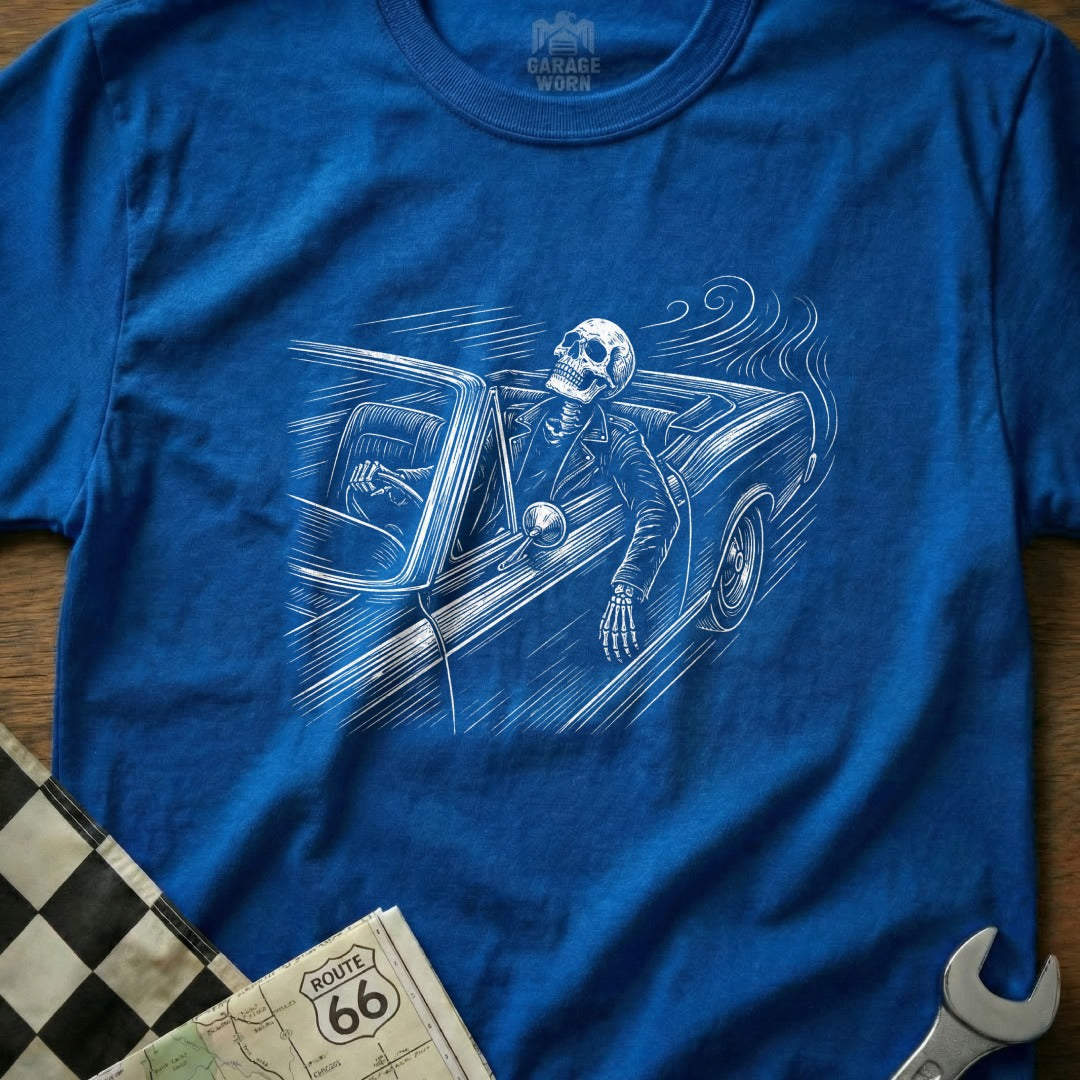 Skeleton driving a classic convertible with "Route 66" map and wrench.