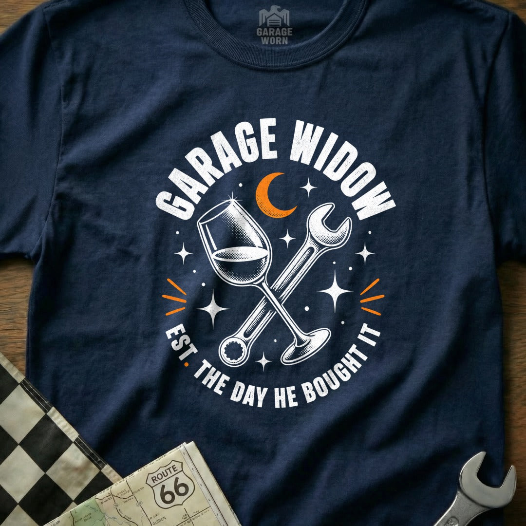 Dark blue t-shirt with "Garage Widow" graphic and wrench and wine glass.