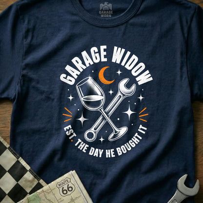 Dark blue t-shirt with "Garage Widow" graphic and wrench and wine glass.