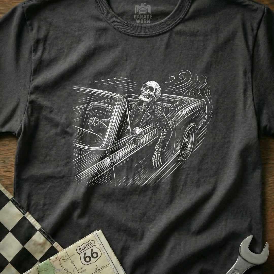 Skeleton driving a vintage convertible with checkered flag and map.