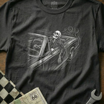 Skeleton driving a vintage convertible with checkered flag and map.