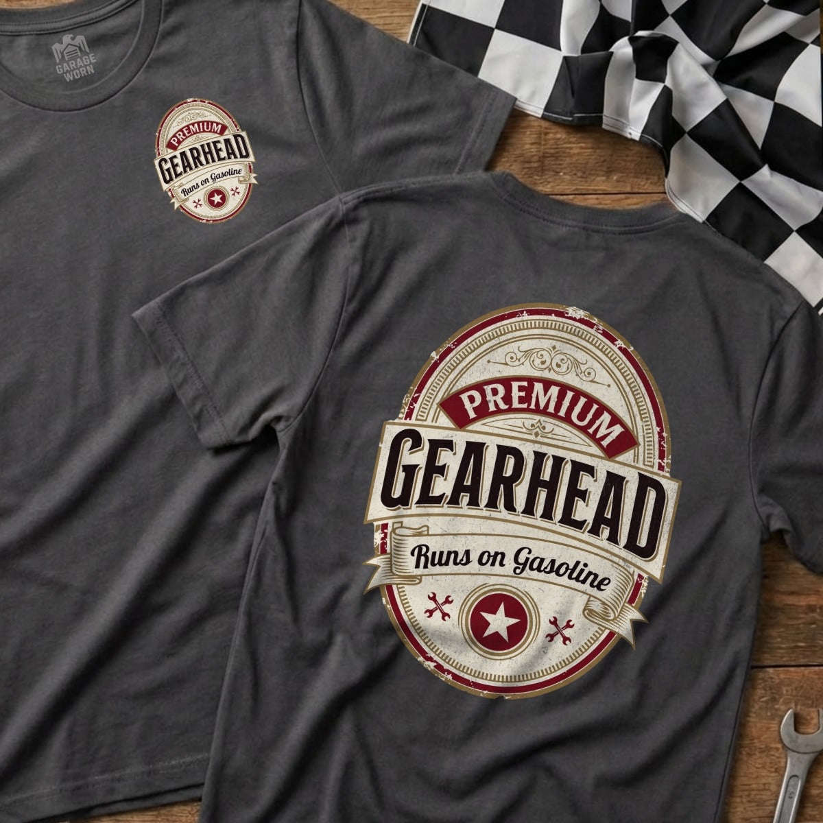 Dark grey t-shirt with "Premium Gearhead Runs on Gasoline" oval logo.