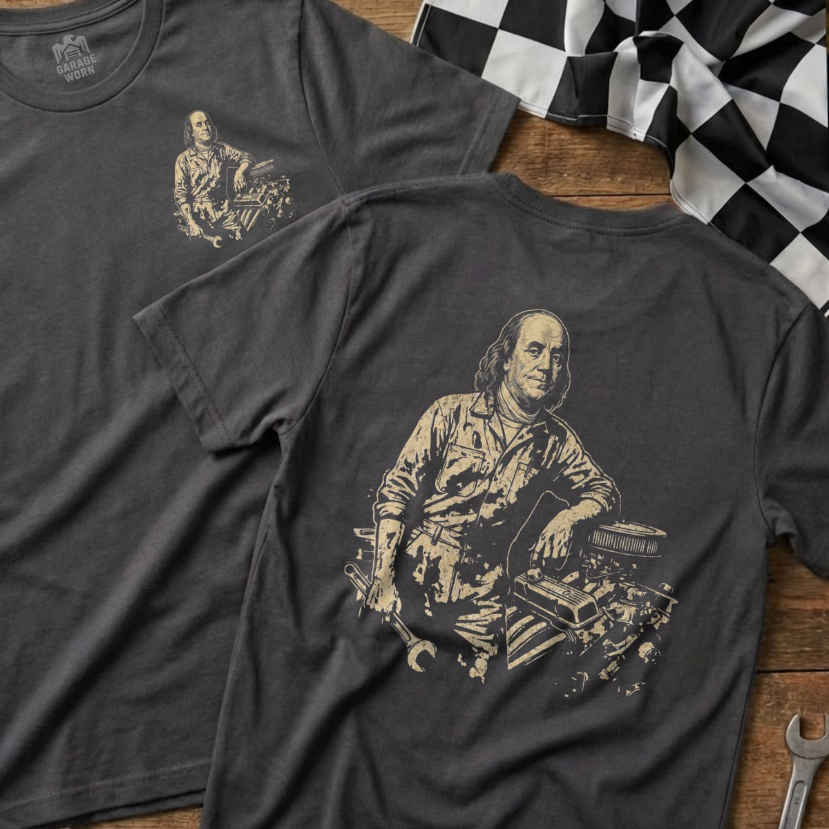 Benjamin Franklin depicted as a mechanic with engine parts.