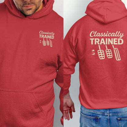 Red hoodie with "Classically Trained" text and clutch, brake, and gas pedals graphic.