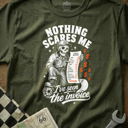 Skeleton mechanic holding a car invoice titled "Nothing Scares Me. I've Seen The Invoice".