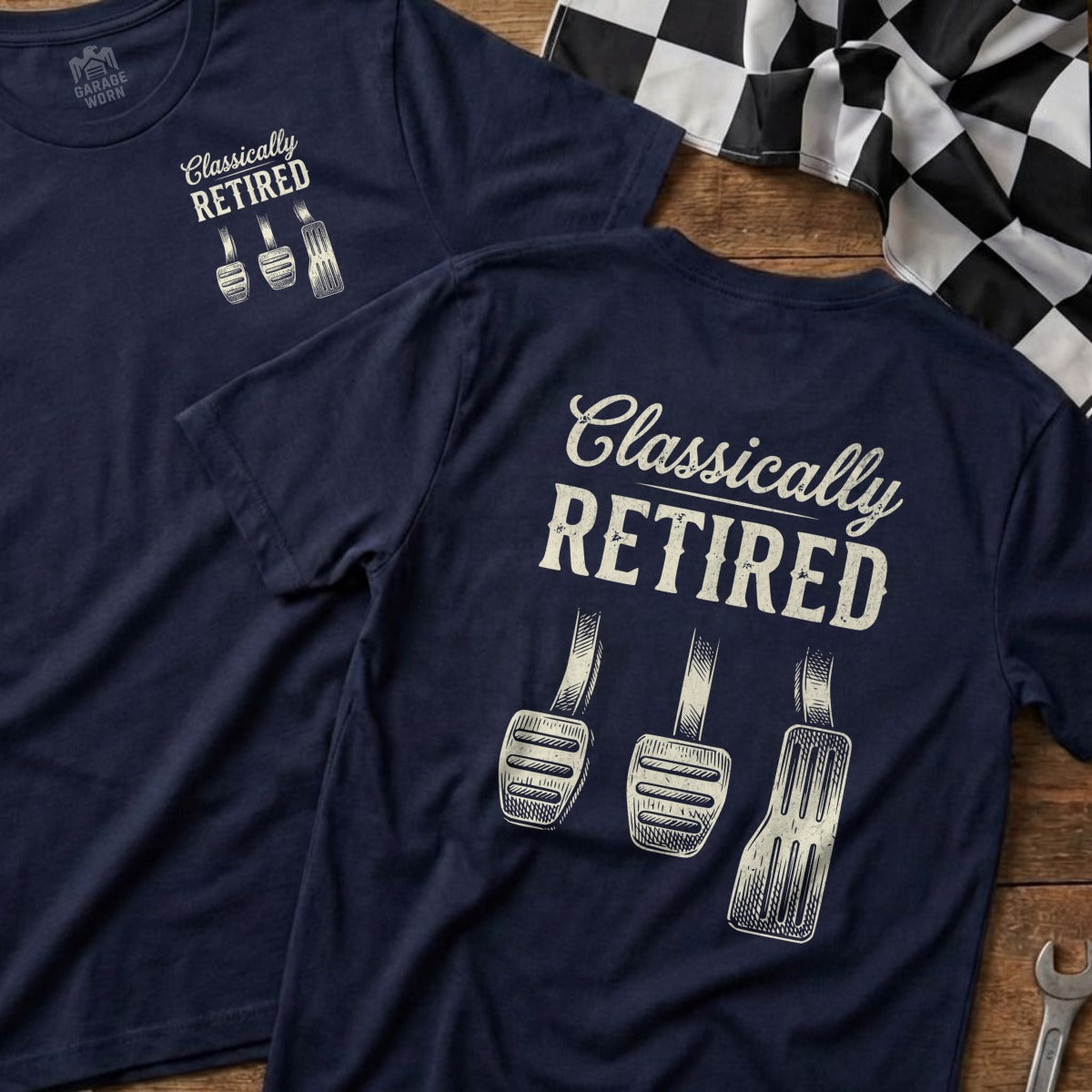Navy t-shirts with "Classically RETIRED" and three pedals graphic.