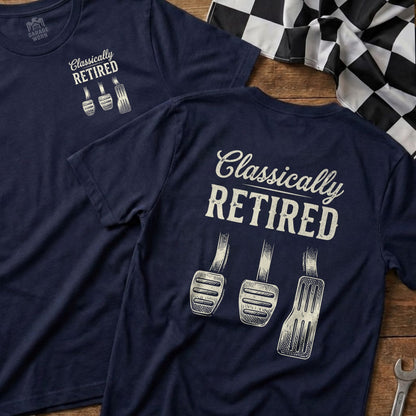 Navy t-shirts with "Classically RETIRED" and three pedals graphic.