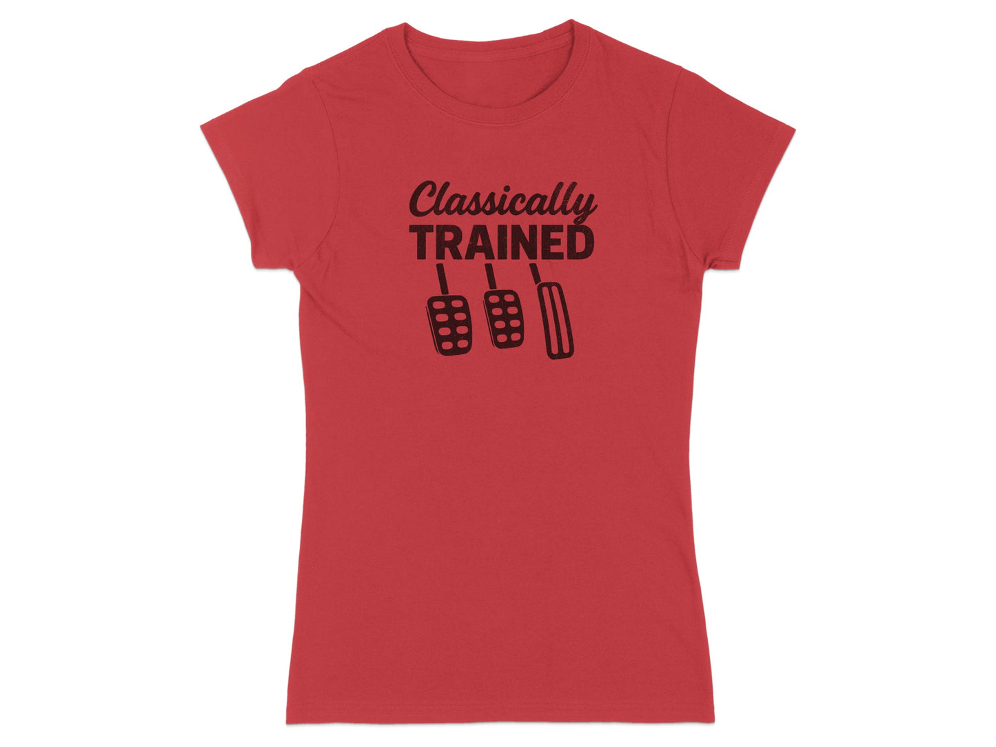 Red t-shirt with "Classically Trained" and pedal graphic.