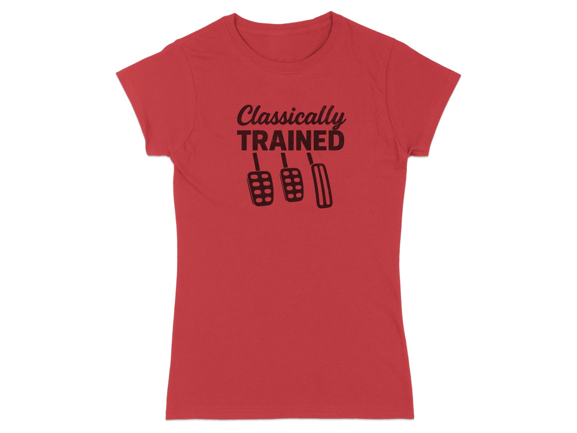 Red t-shirt with "Classically Trained" and pedal graphic.