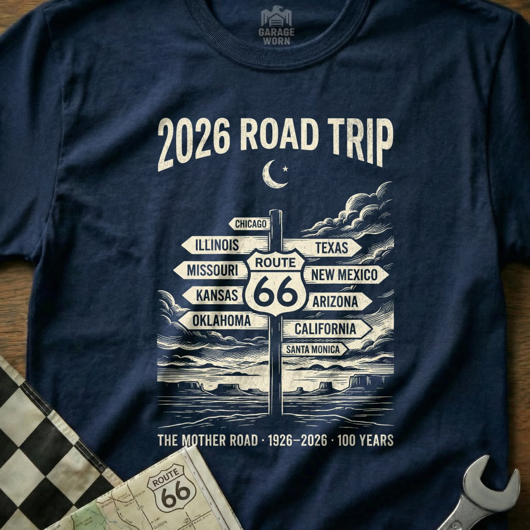 Navy t-shirt with "2026 Road Trip" and Route 66 signpost.