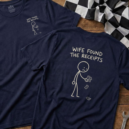 Navy t-shirts with "WIFE FOUND THE RECEIPTS" and a stick figure holding money.