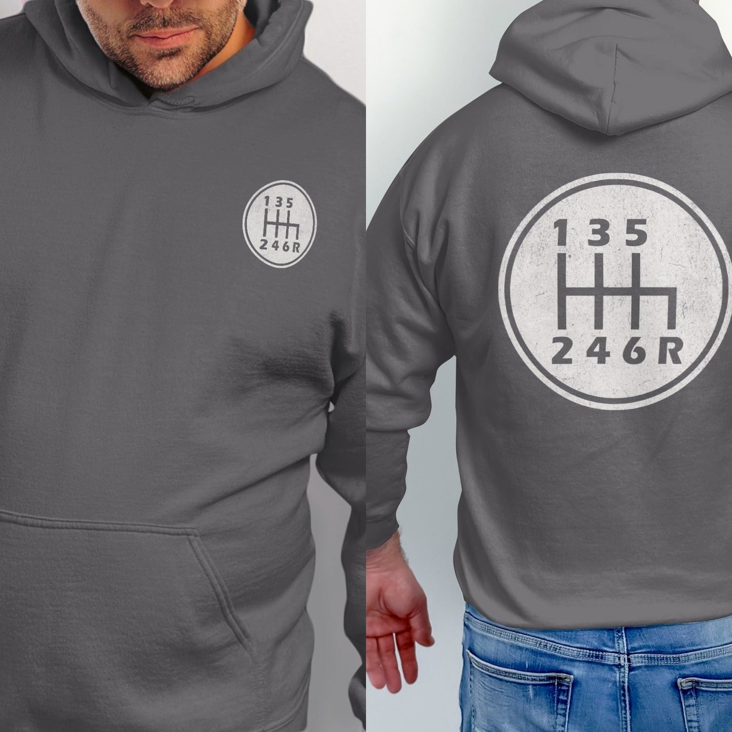 Dark grey hoodie with a circular graphic of a six-speed manual transmission shift pattern.