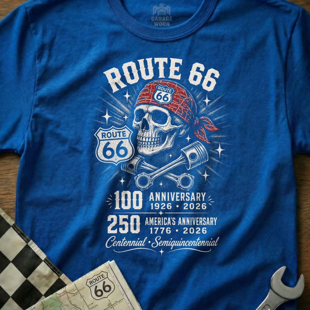 Blue t-shirt with Route 66 skull, pistons, and anniversary text.