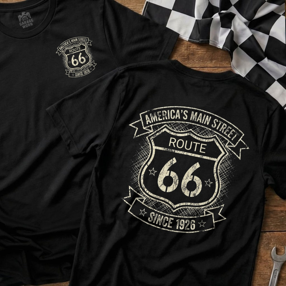Black t-shirt with Route 66 logo and "America's Main Street Since 1926".