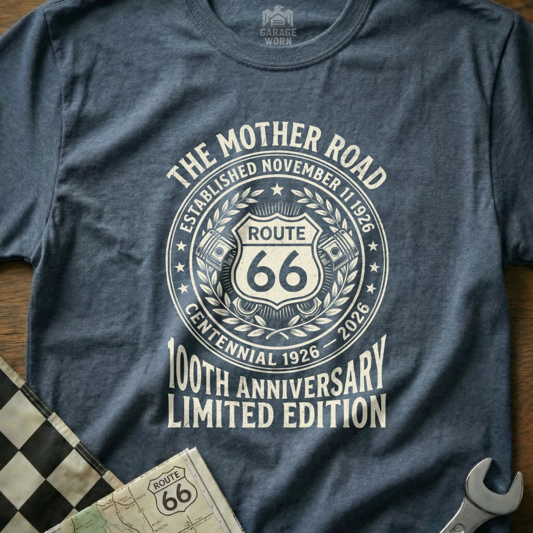 Navy t-shirt with Route 66 100th Anniversary Limited Edition graphic.