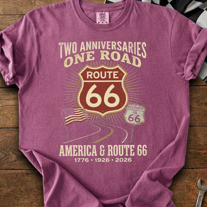 T-shirt graphic with Route 66, an American flag, and "America & Route 66".