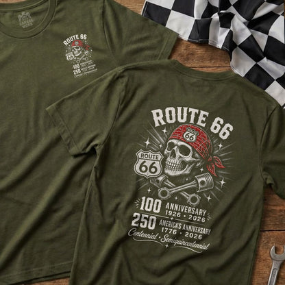 Olive green t-shirt with Route 66 skull, pistons, and anniversary text.
