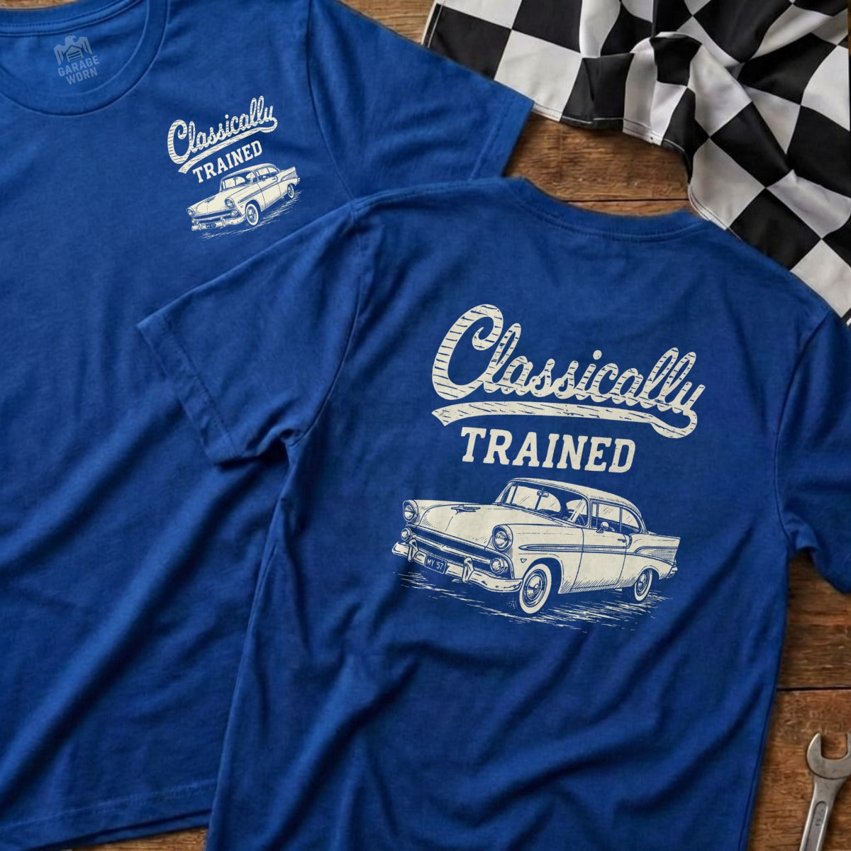 Two blue t-shirts with "Classically TRAINED" and a vintage car graphic.