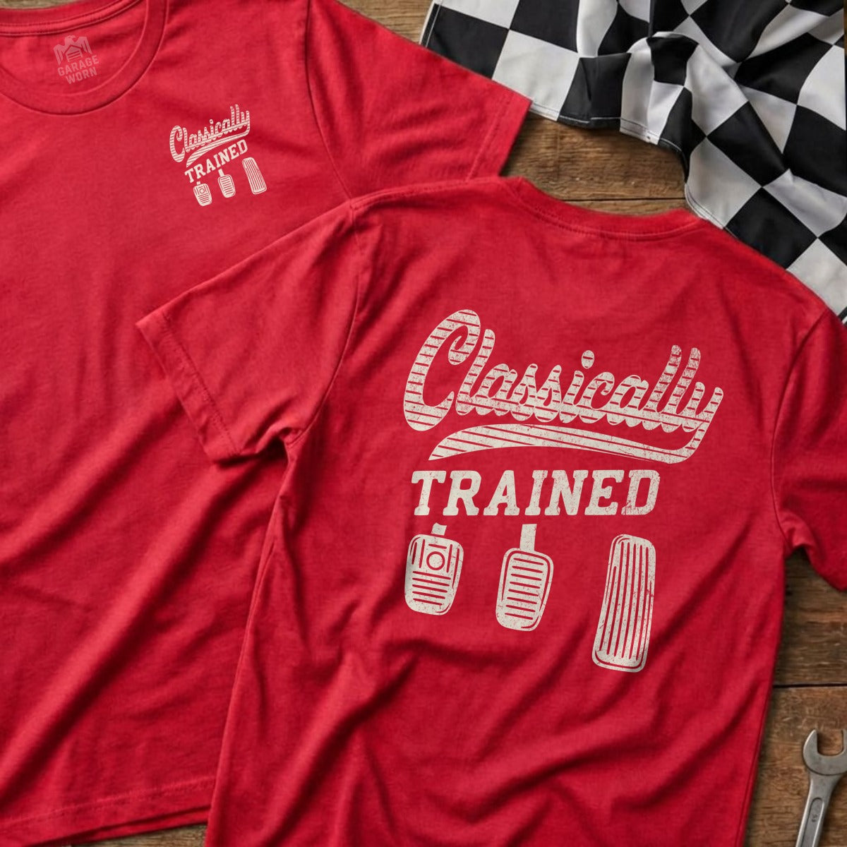 Red t-shirts with "Classically Trained" and pedal graphics.