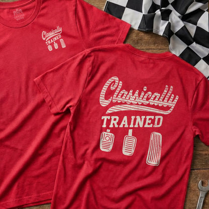 Red t-shirts with "Classically Trained" and pedal graphics.