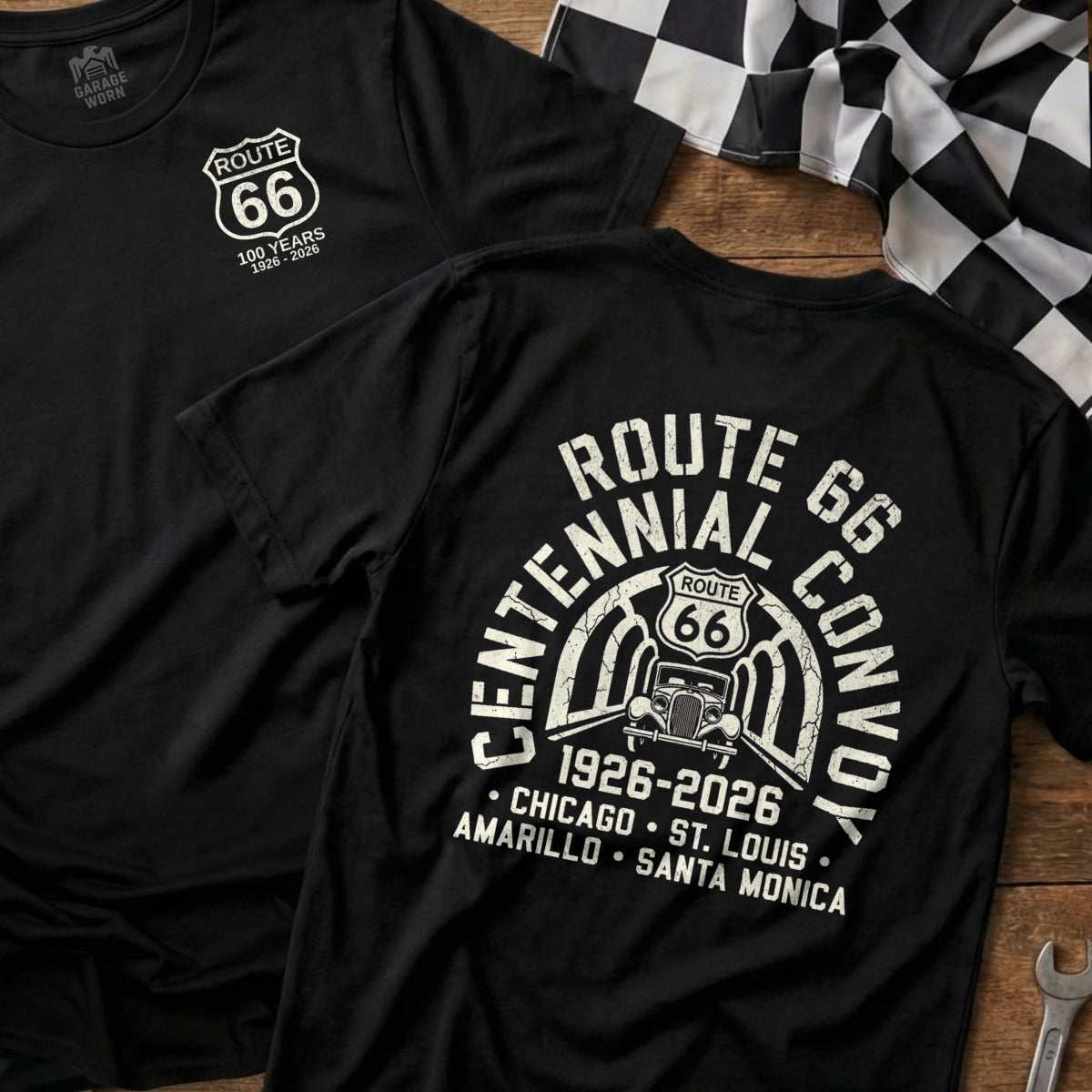 Black t-shirt with Route 66 Centennial Convoy design.