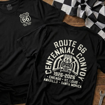 Black t-shirt with Route 66 Centennial Convoy design.