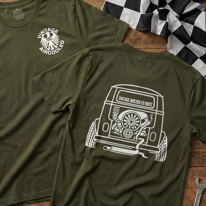 Olive green t-shirt with rear engine Volkswagen bus graphic and text.