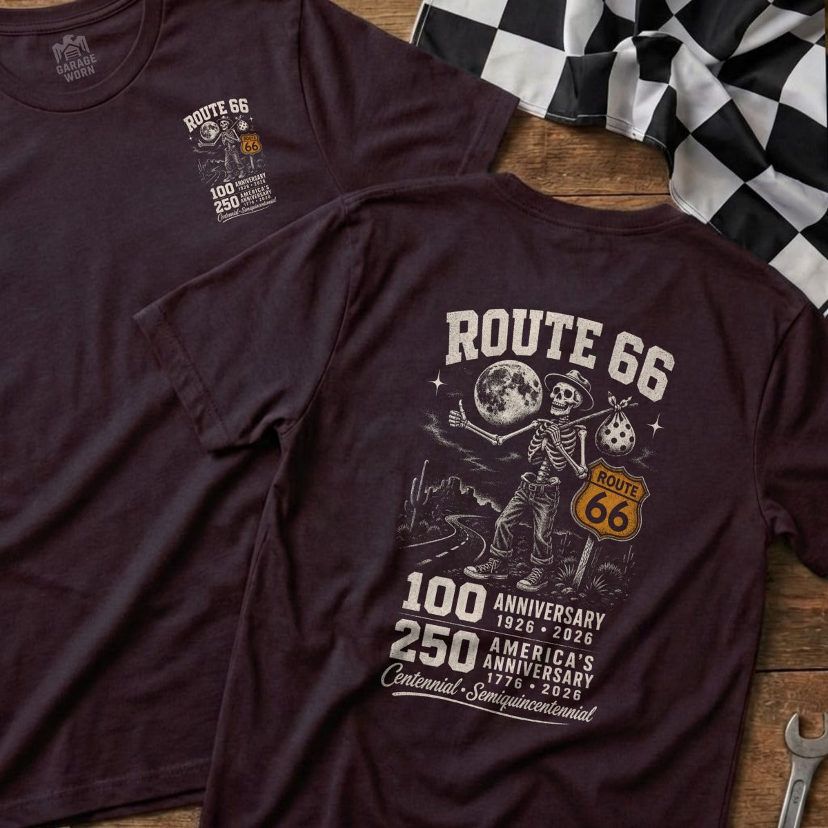 Route 66 t-shirt graphic featuring a skeleton hitchhiker and anniversary dates.