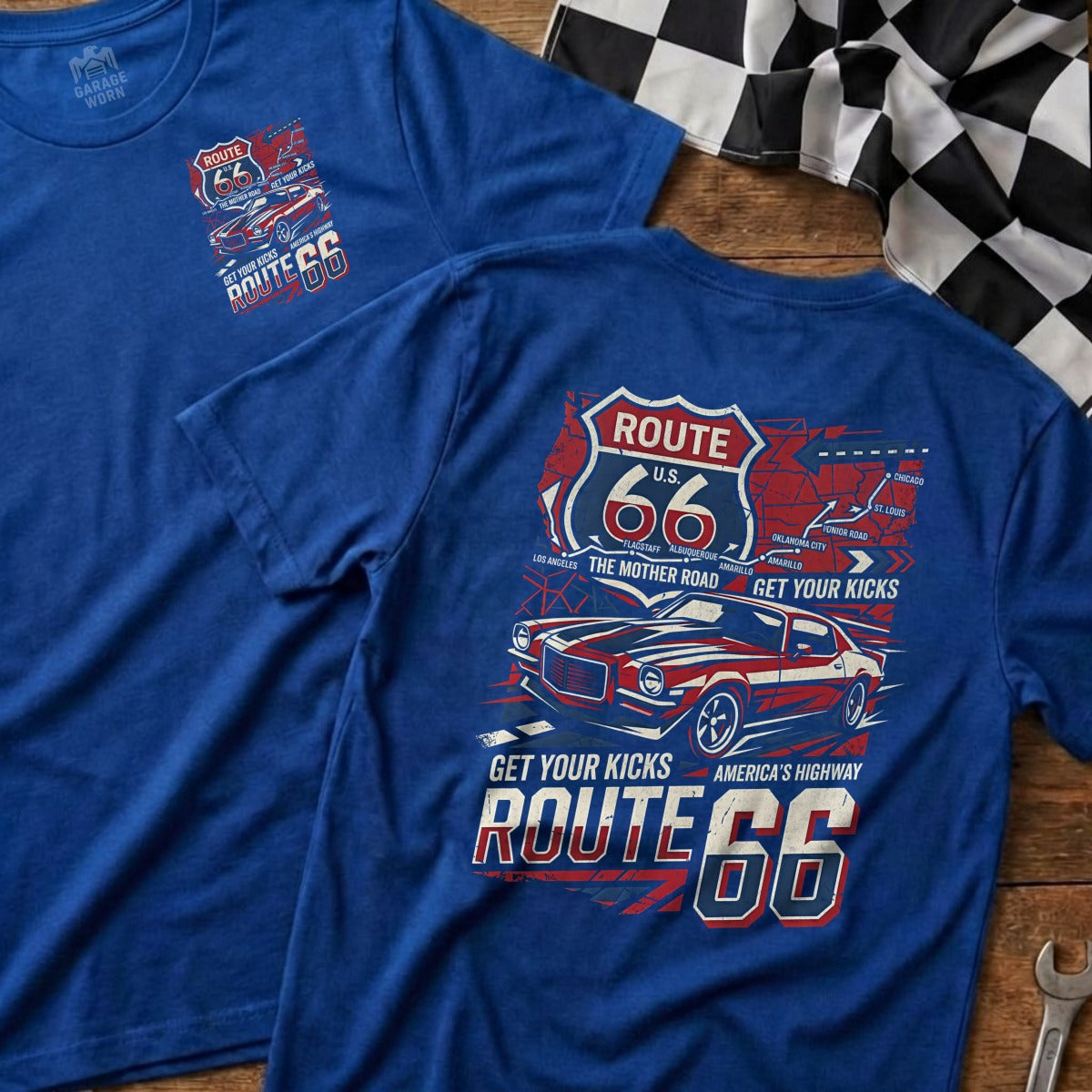 Blue t-shirt with Route 66 map and text "Get Your Kicks".