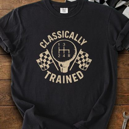Black t-shirt with "Classically Trained" text, gear shift, and checkered flags.