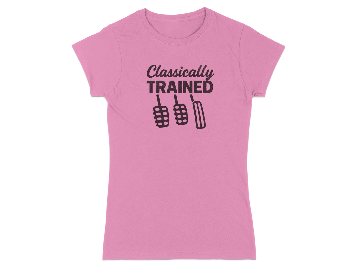 Pink t-shirt with "Classically Trained" and three pedal graphics.
