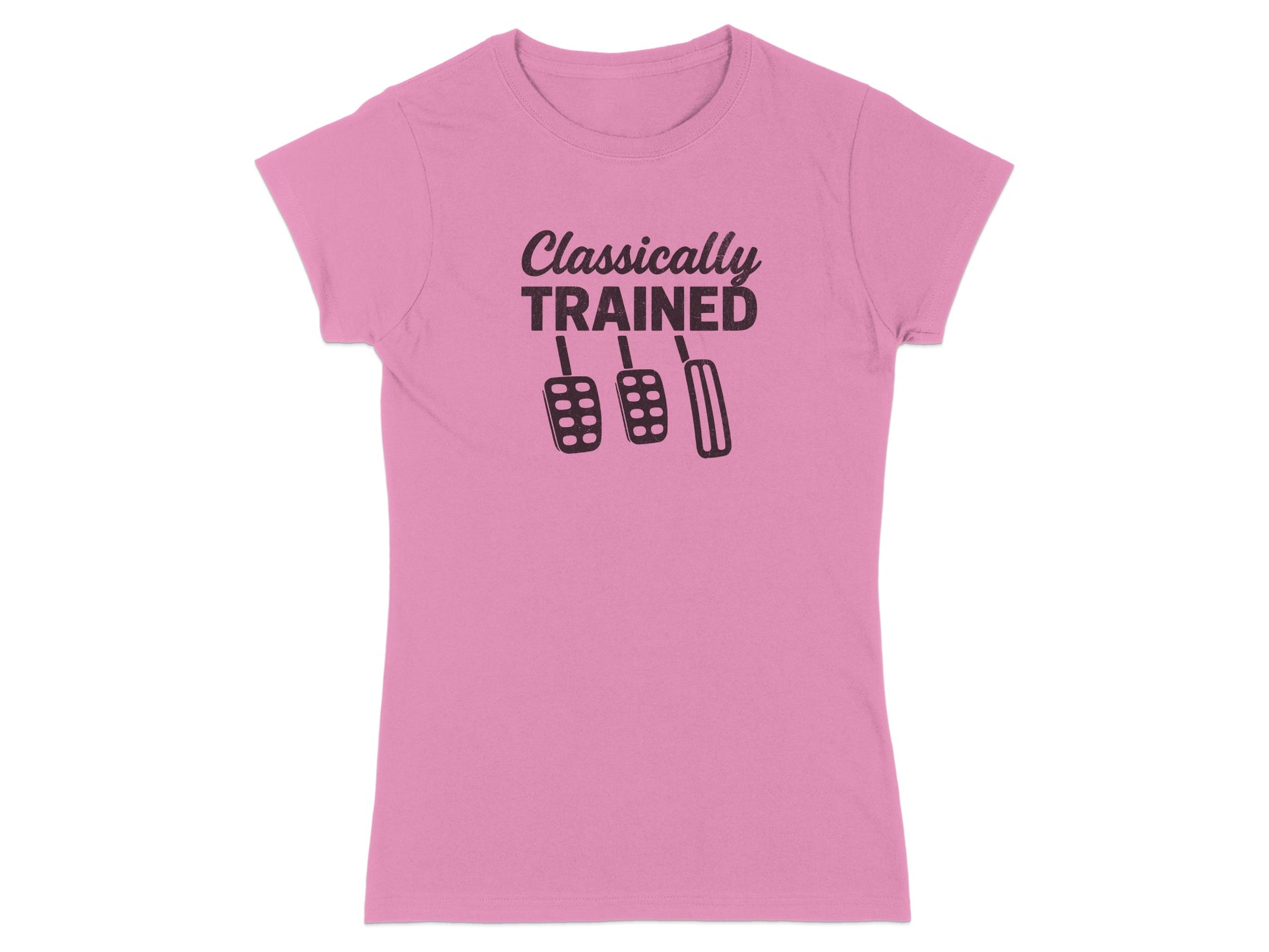 Pink t-shirt with "Classically Trained" and three pedal graphics.