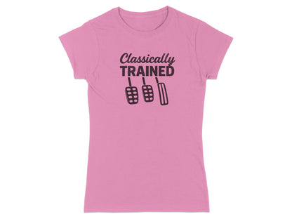 Pink t-shirt with "Classically Trained" and three pedal graphics.