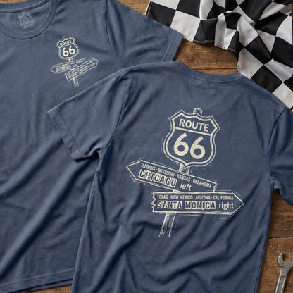 Blue t-shirt with Route 66 sign and directional arrows.