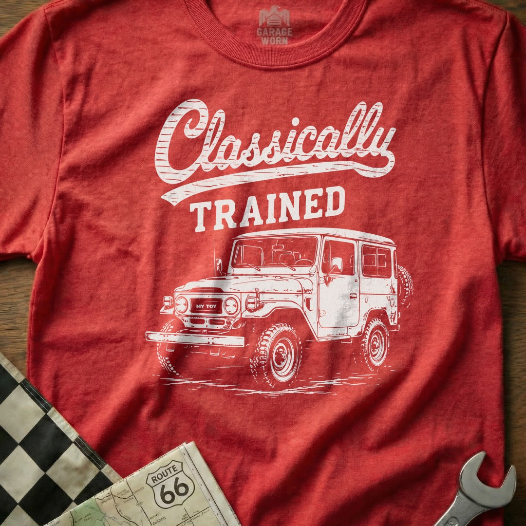 Red t-shirt with "Classically TRAINED" text and a white line drawing of an off-road vehicle.